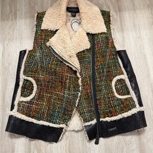 Desigual Colorful Tweed Vest with Cream Shearling